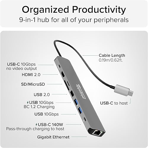 Miniatura 3 de Plugable Adaptador multipuerto USB C Hub: 9 en 1 con carga PD de 140 W, HDMI 4K 60Hz, transferencia de datos de 10 Gbps, Gigabit Ethernet, SD, para