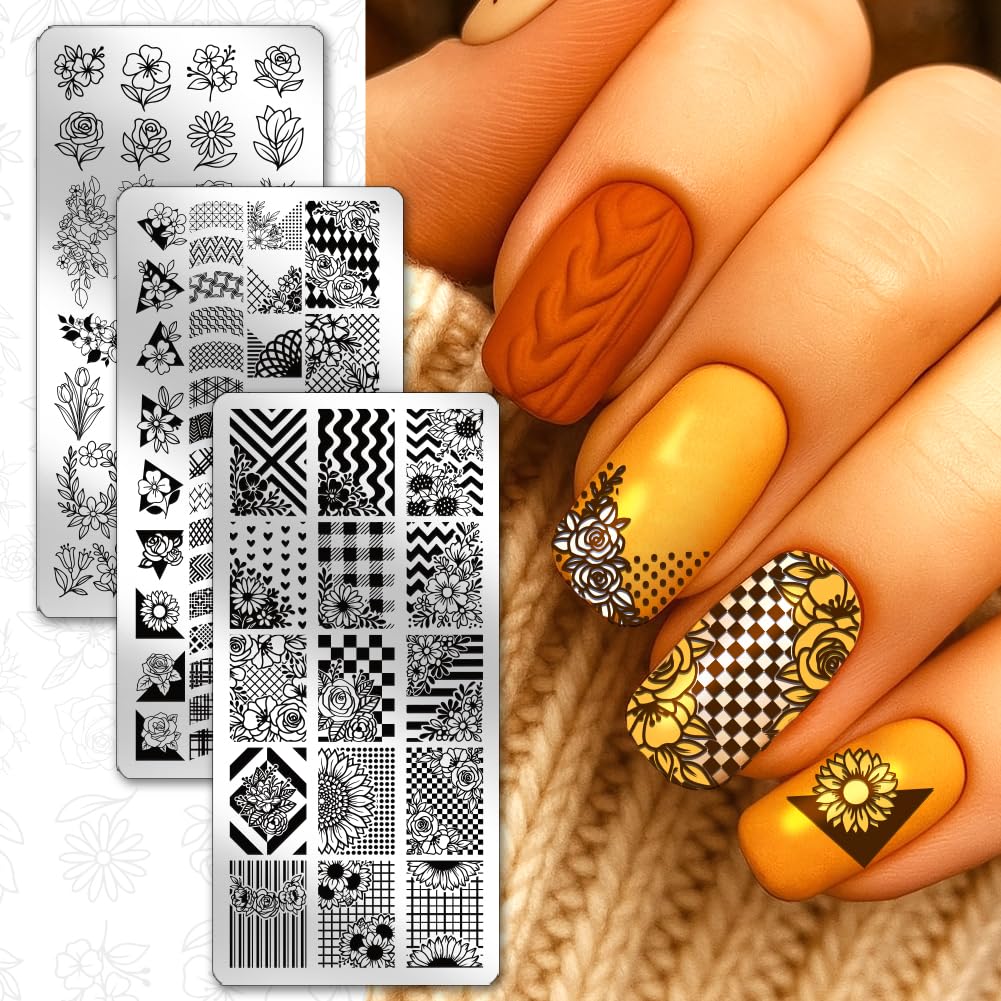 PH PandaHall 3pcs Flower Plaid Nail Stamping Plate - Image 3