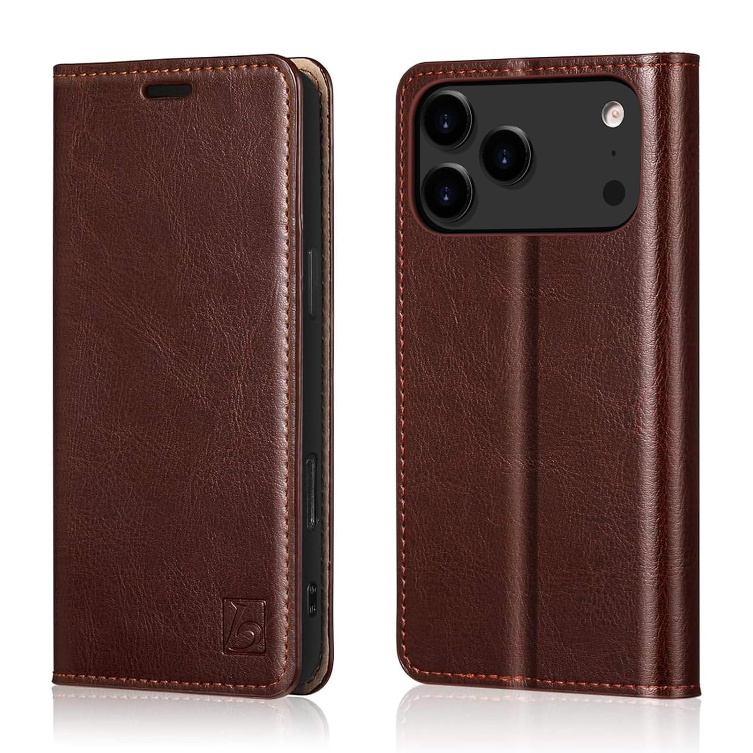 Belemay Leather Wallet Case Compatible with iPhone 17 Pro Max, Premium Cowhide Leather Two-Tone Effect, RFID Blocking Card Holders, Shockproof TPU Shell, Kickstand, Protective Flip Cover, 6.9″, Brown