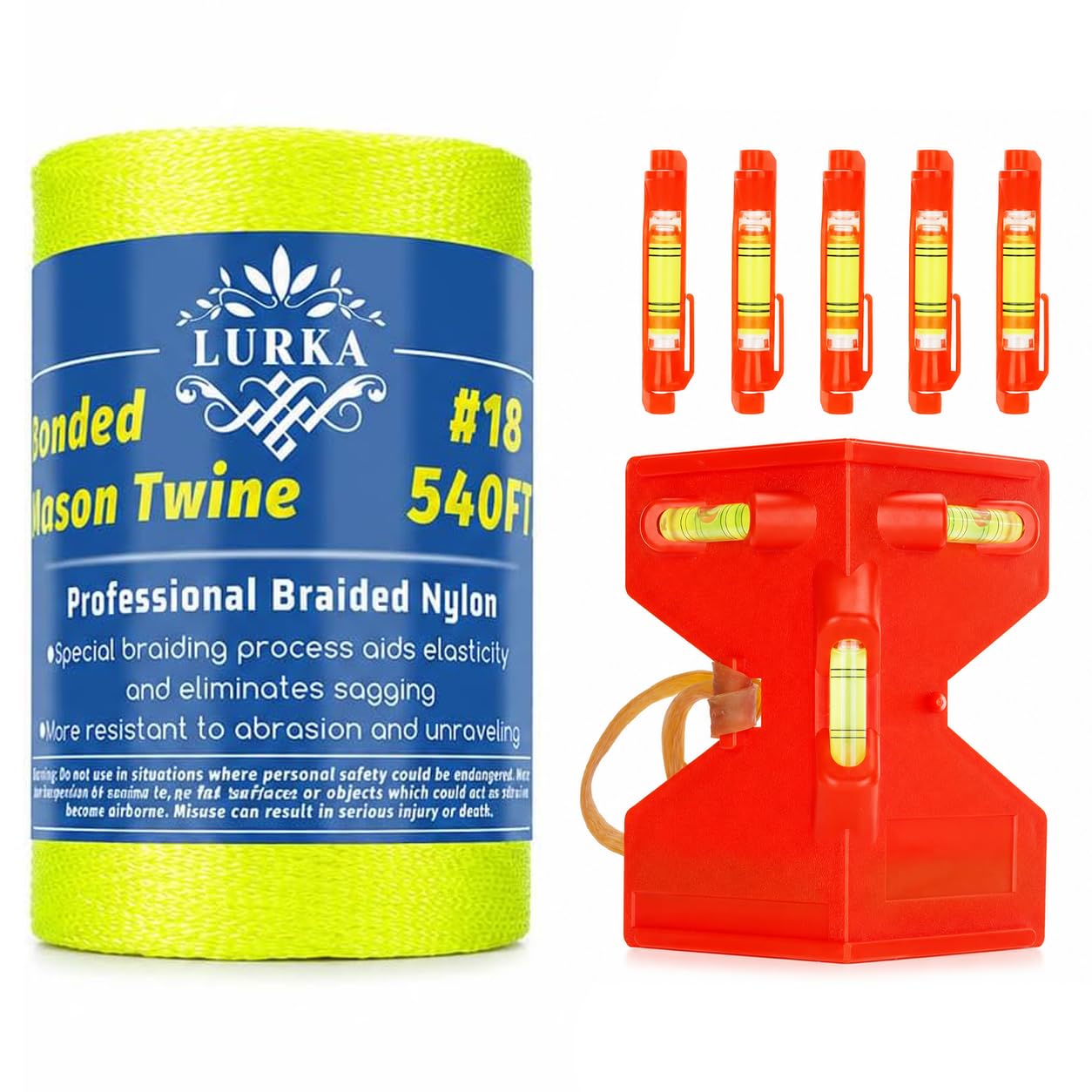 LURKA Mason Line String,#18 Feet Braided Construction Nylon Line with 5 Built-in Levels and Spool Fluorescent String Line for Precision Work, DIY (540FT with Only Coils Yellow Leveling Kit)