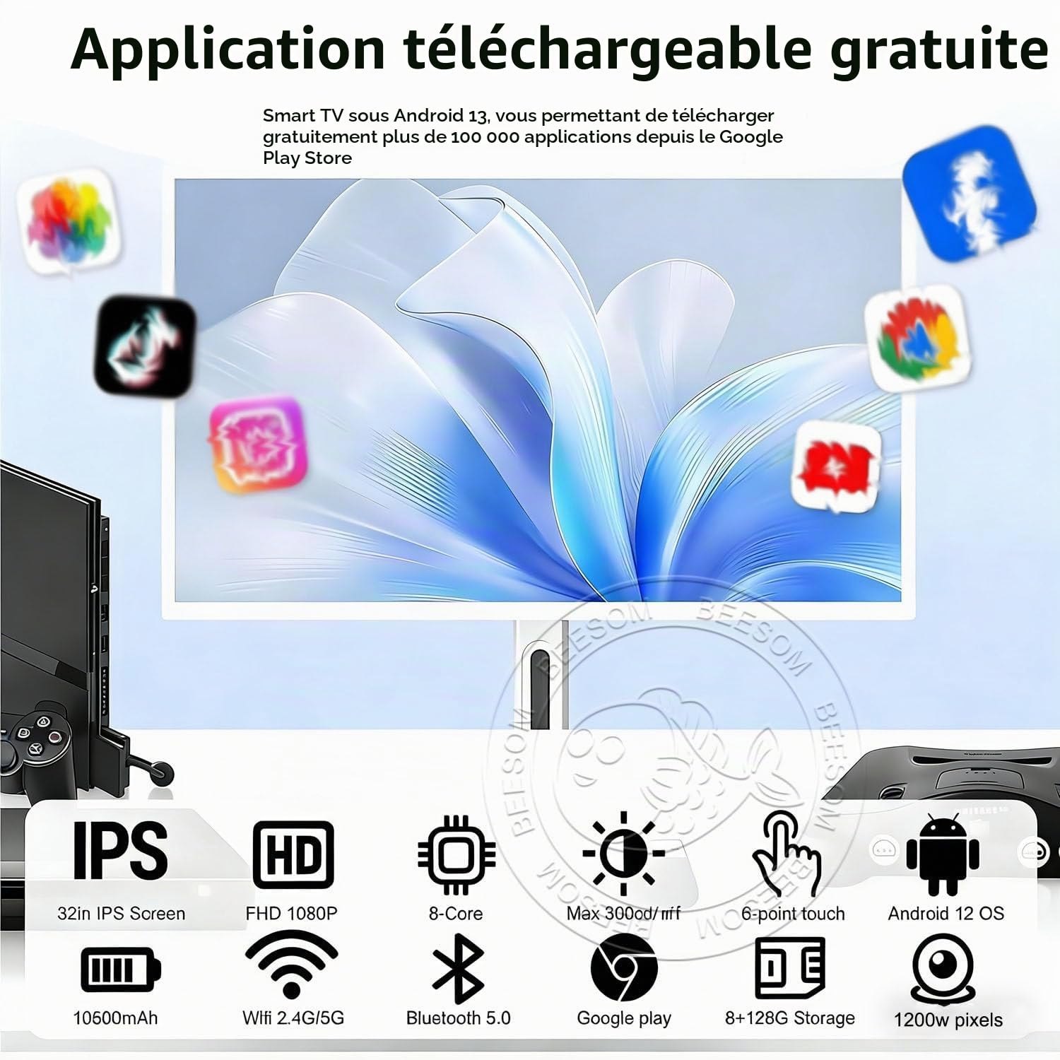 Télévision Portable,TV Portable sur Pied,21,5 Pouces écran Tactile 1080p,8go+128go Stockage,Rotation Complète,Fonction Tablette TV,roulettes Mobiles,Bureau Domicile, Séances Yoga 23in