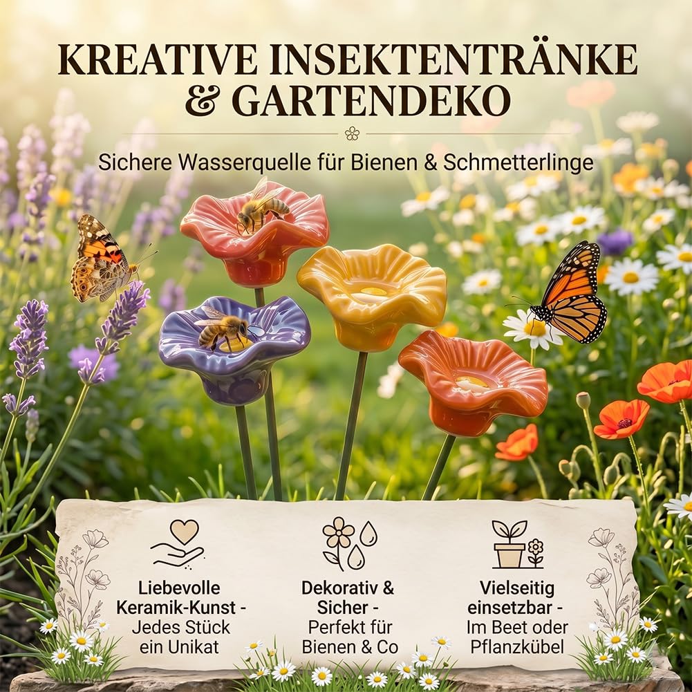 Keramikblüten für Bienen 4/8er-Set, Handgemachte Bienentränke Keramik, Wetterfest & Glasiert Bienentränke Blume, Insektentränke für Beet, Balkon, Terrasse, Fensterbank oder Blumentopf (4)