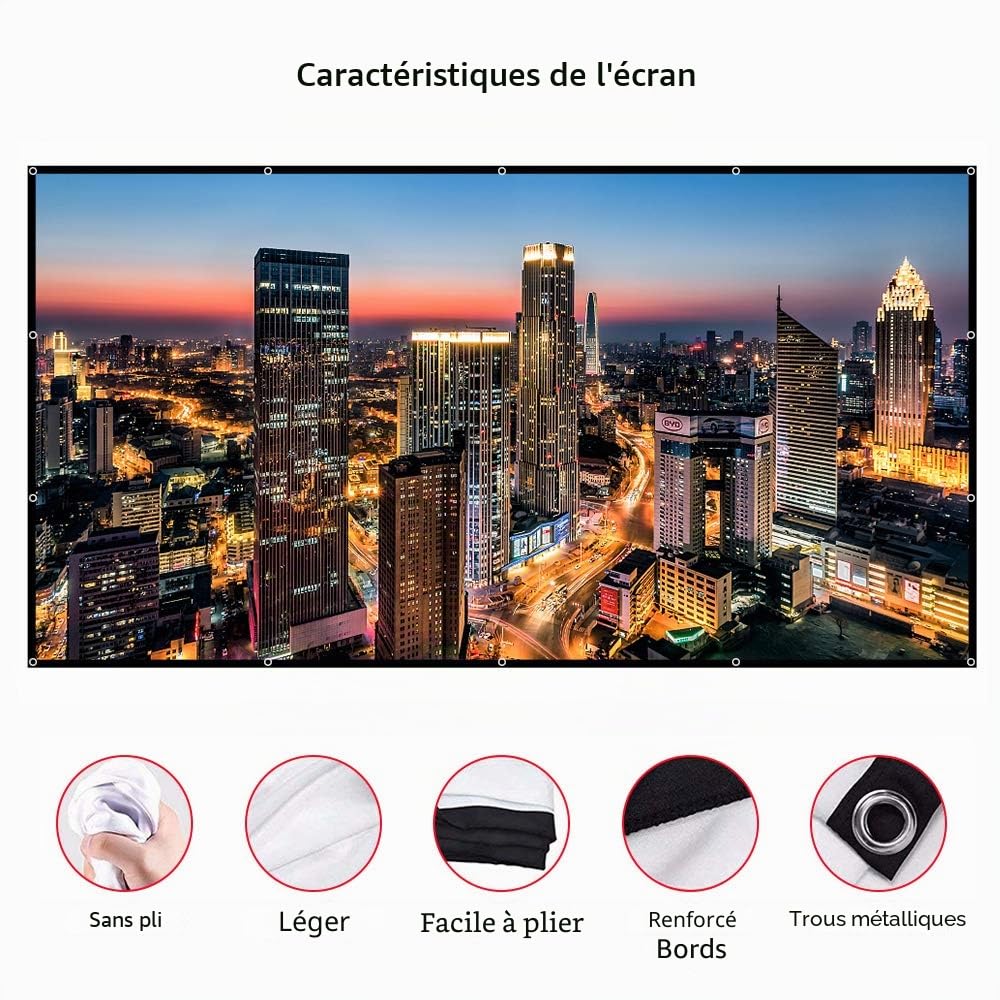 Écran de projecteur 150 Pouces 16: 9 HD Pliable Anti-froissement Écran de Projection Portable pour cinéma Maison Support intérieur extérieur Rideau de Film à Projection Double Face