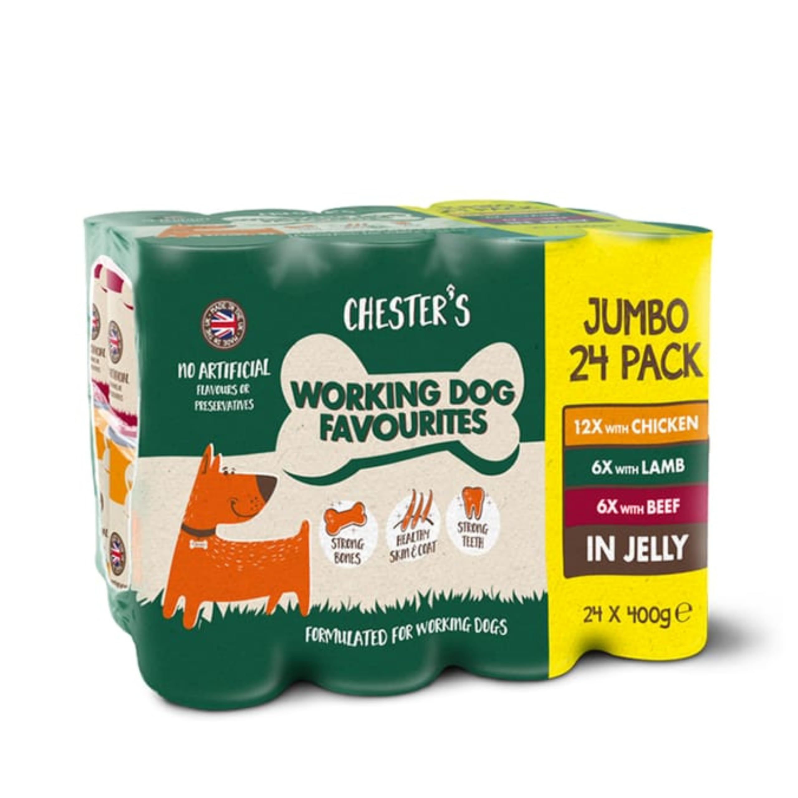 Chester's Premium Working Dog Wet Food in Jelly – 24 x 400g Cans | Chicken, Beef & Lamb Variety | High-Protein Complete Meal for Active Dogs