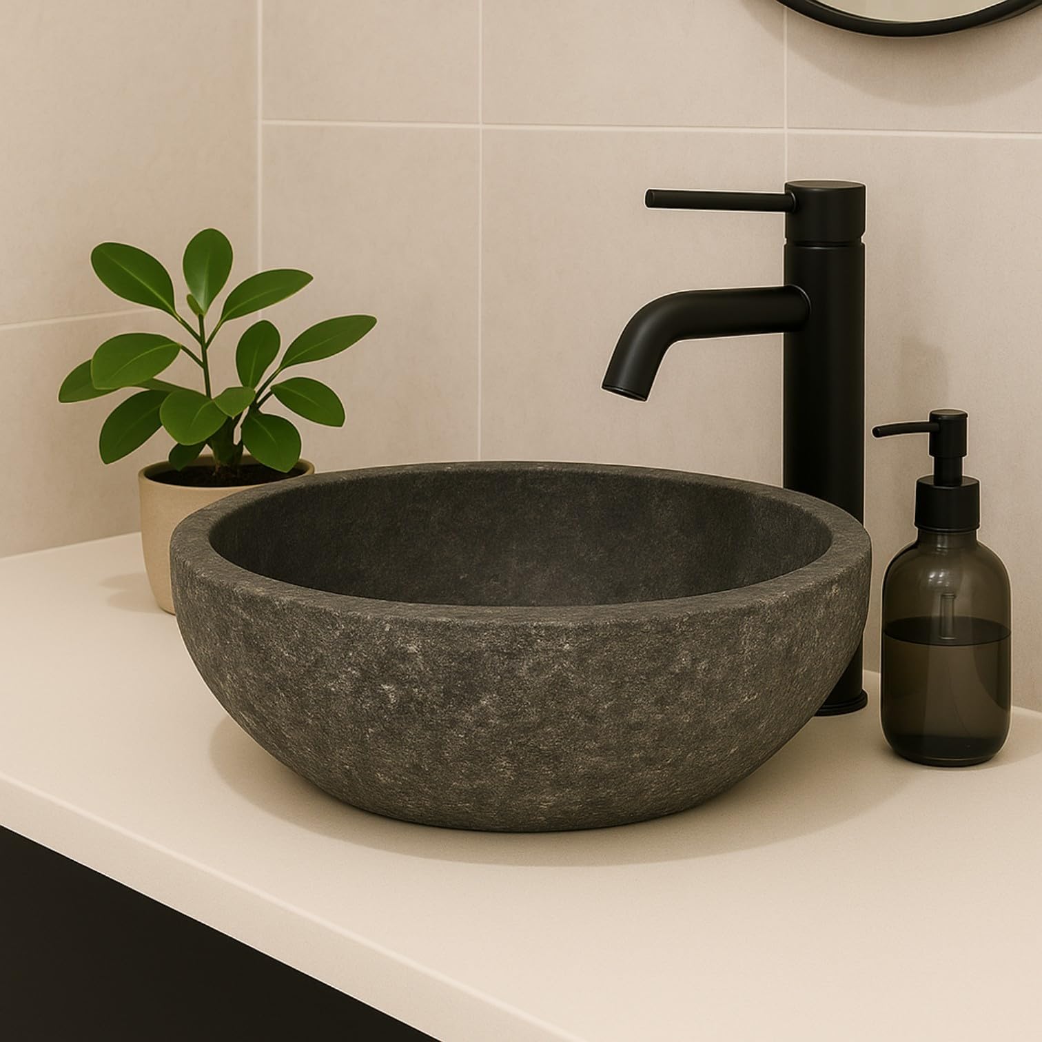 Lavabo Ovale en Pierre de Rivière - Pierre Naturelle - Évier de salle de bain - Vasque à Poser de Toilette - Brillant - Lave-mains moderne (Gris, 40-45x30-35cm)