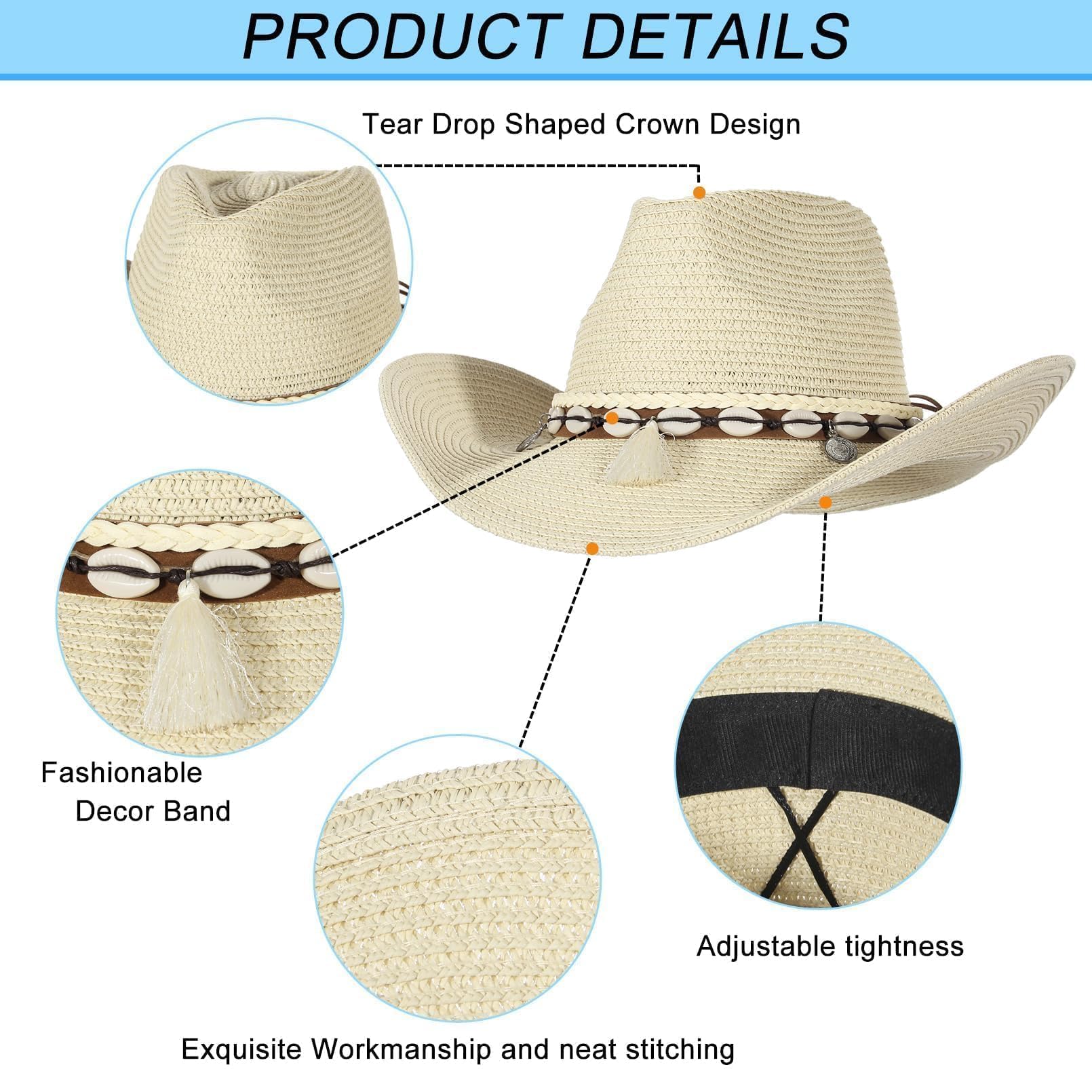 EOZY Chapeau de Cowboy en Paille pour Femme