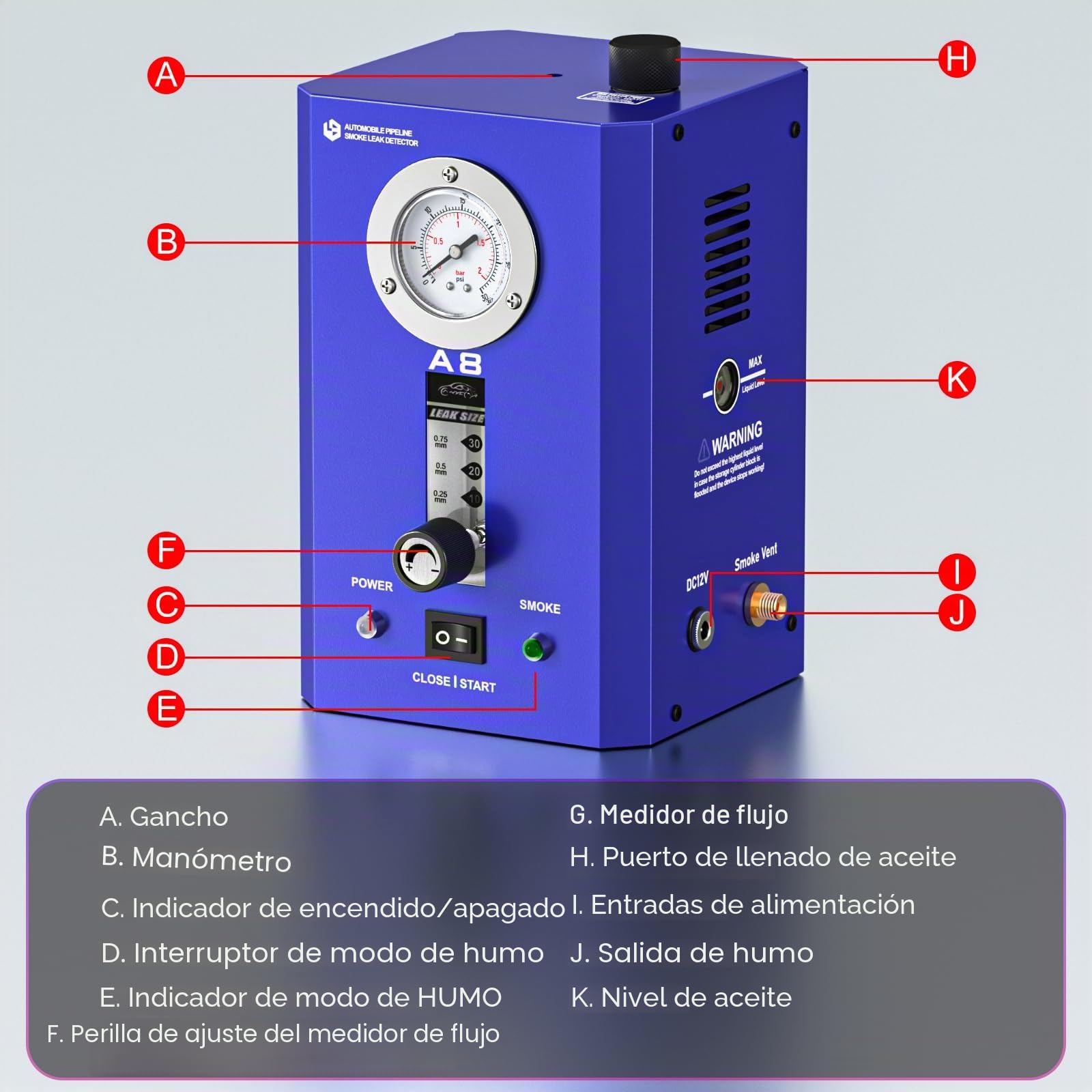 GODIAG 12V Máquina de Humo Automotriz Built-in Air Pump & Pressure Gauge Máquina de Humo Coche Maquina de Humo para Coche Apto para Coches Motos Camiones Barcos y ATVs, A8