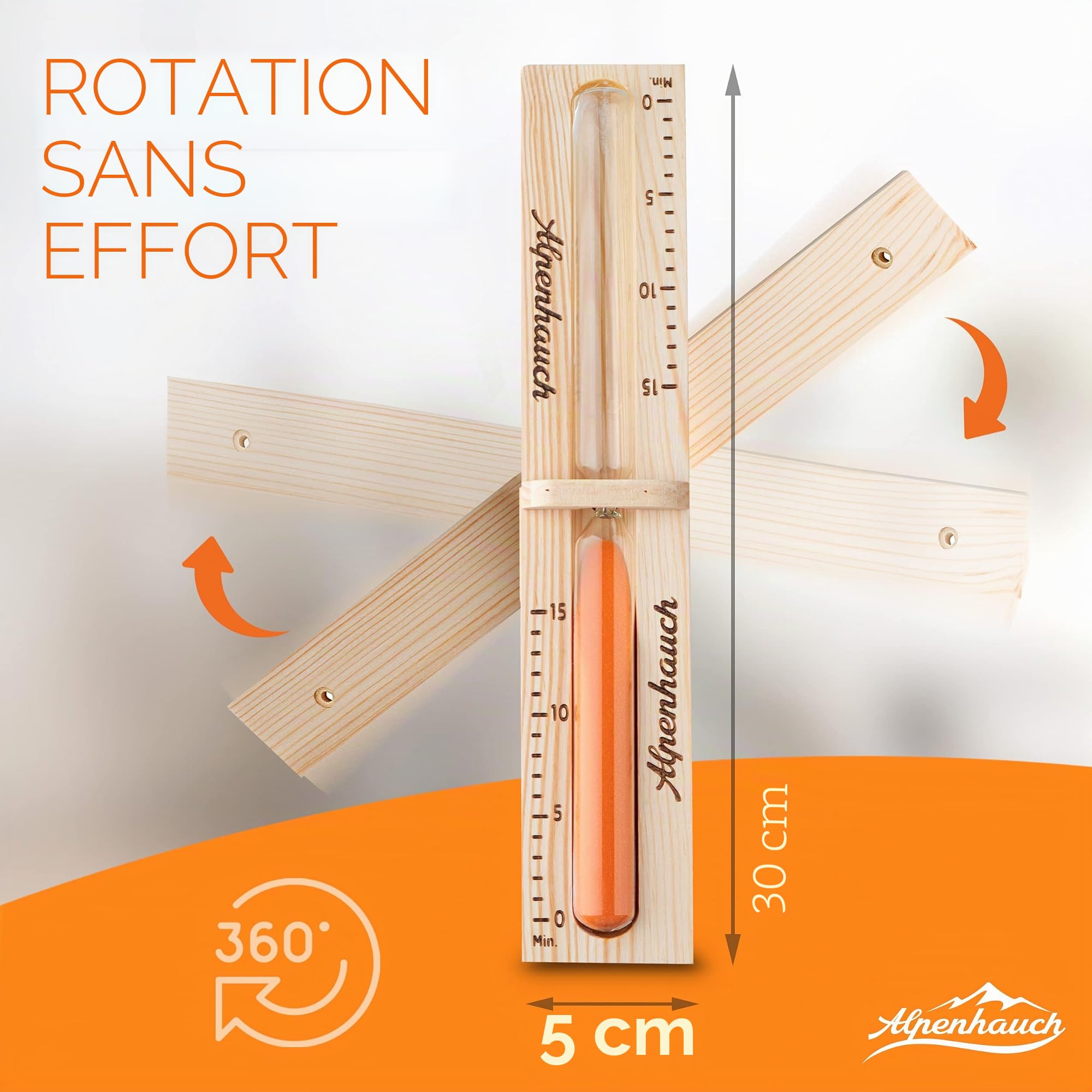 ALPENHAUCH Sablier pour sauna 15 minutes en bois 100 % naturel - Horloge de sauna élégante avec sable fin - Horloge de sauna robuste avec verre de sécurité - Horloge de sauna rotative à 360° - Avec