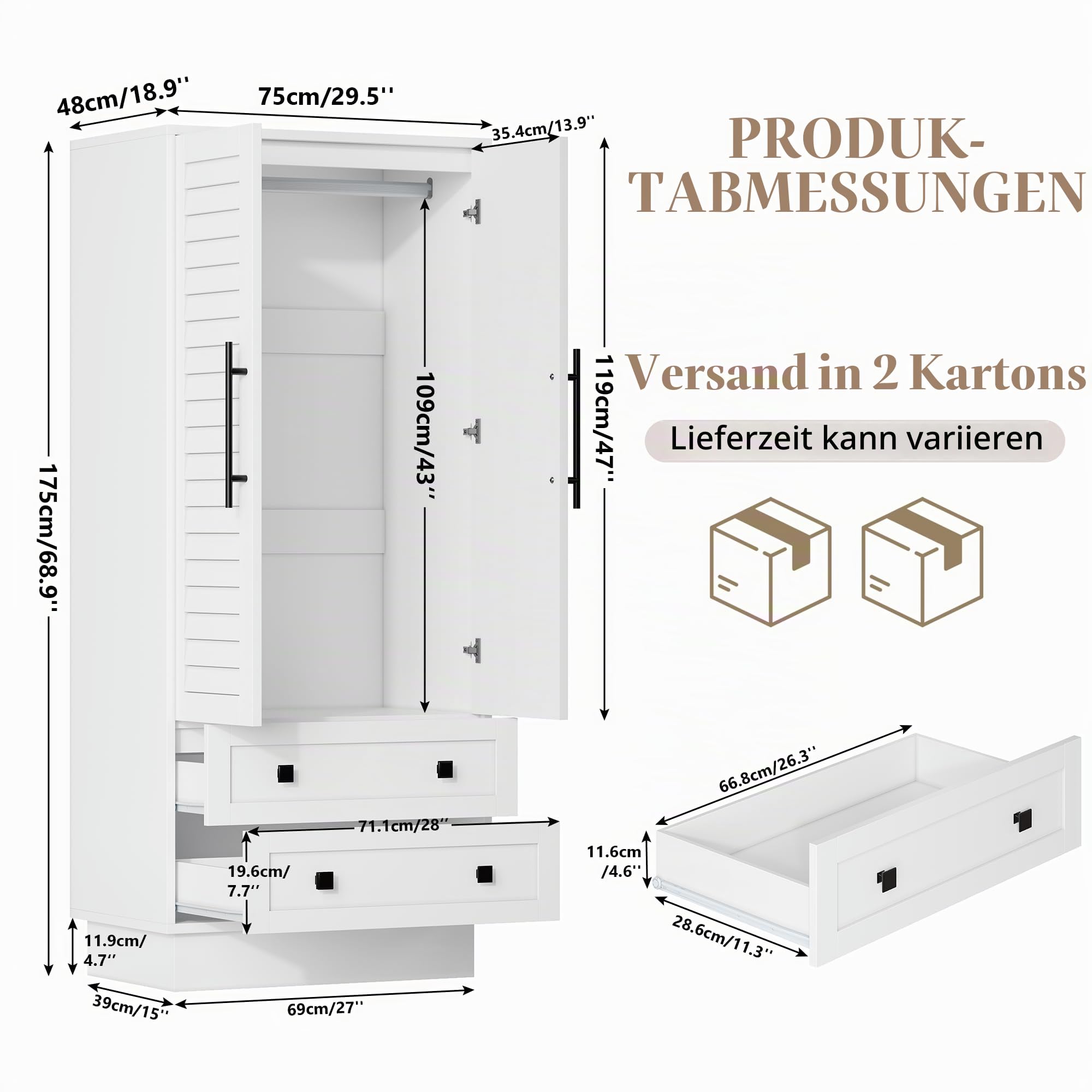 Feonase Kleiderschrank mit 2 Türen und 2 Schubladen, LED-Beleuchtung, weiß, für Schlafzimmer, 175H x75Bx48TCM
