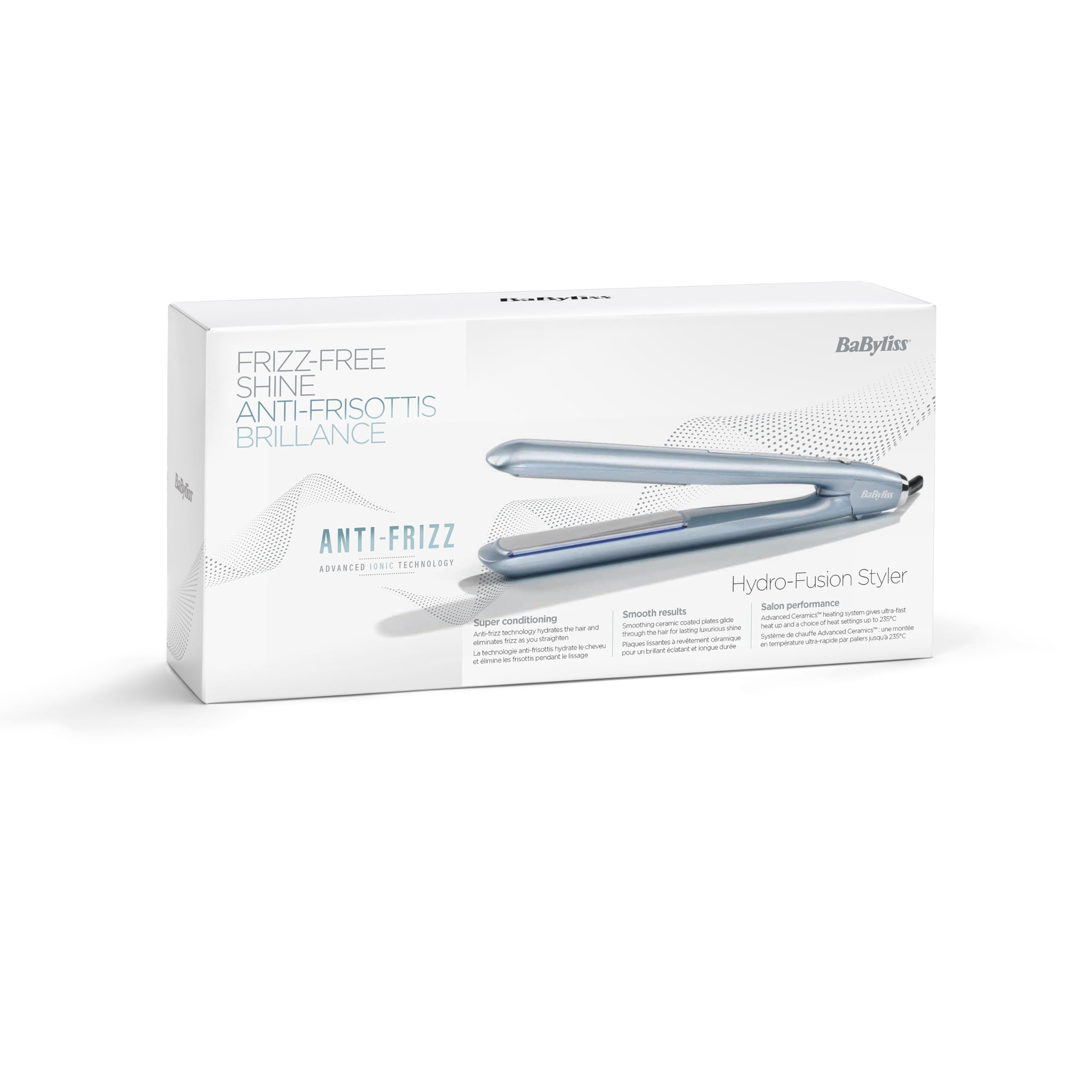 BaByliss Plancha Hydro Fusion – Tecnología iónica dual, Antiencrespamiento, 5 ajustes de temperatura, Calentamiento rápido, Apagado automático – Azul, ST573E