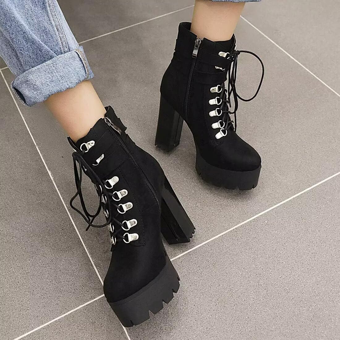 Agodor Women's Goth Platform Combat Booties Lace up Round Toe Chunky High Heel Gothic Ankle Boots - Image 2