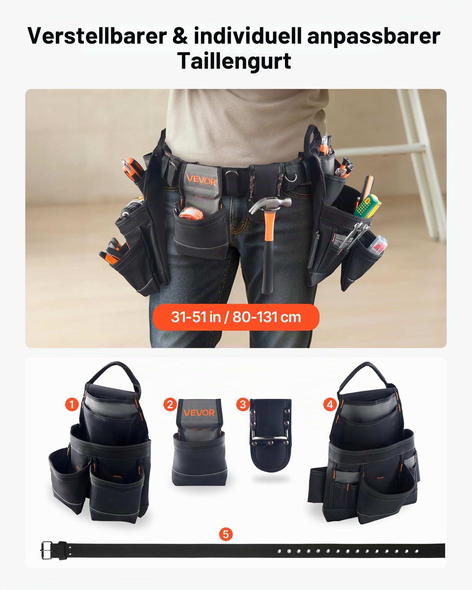 VEVOR Werkzeuggürtel, 18 Taschen, Profi-Handwerkergürtel, Hammerhalter, Werkzeughalter, Arbeitsgürtel für Elektriker, Schreiner & Bauarbeiter, Schürzenorganizer, verstellbar von 800 bis 1310 mm