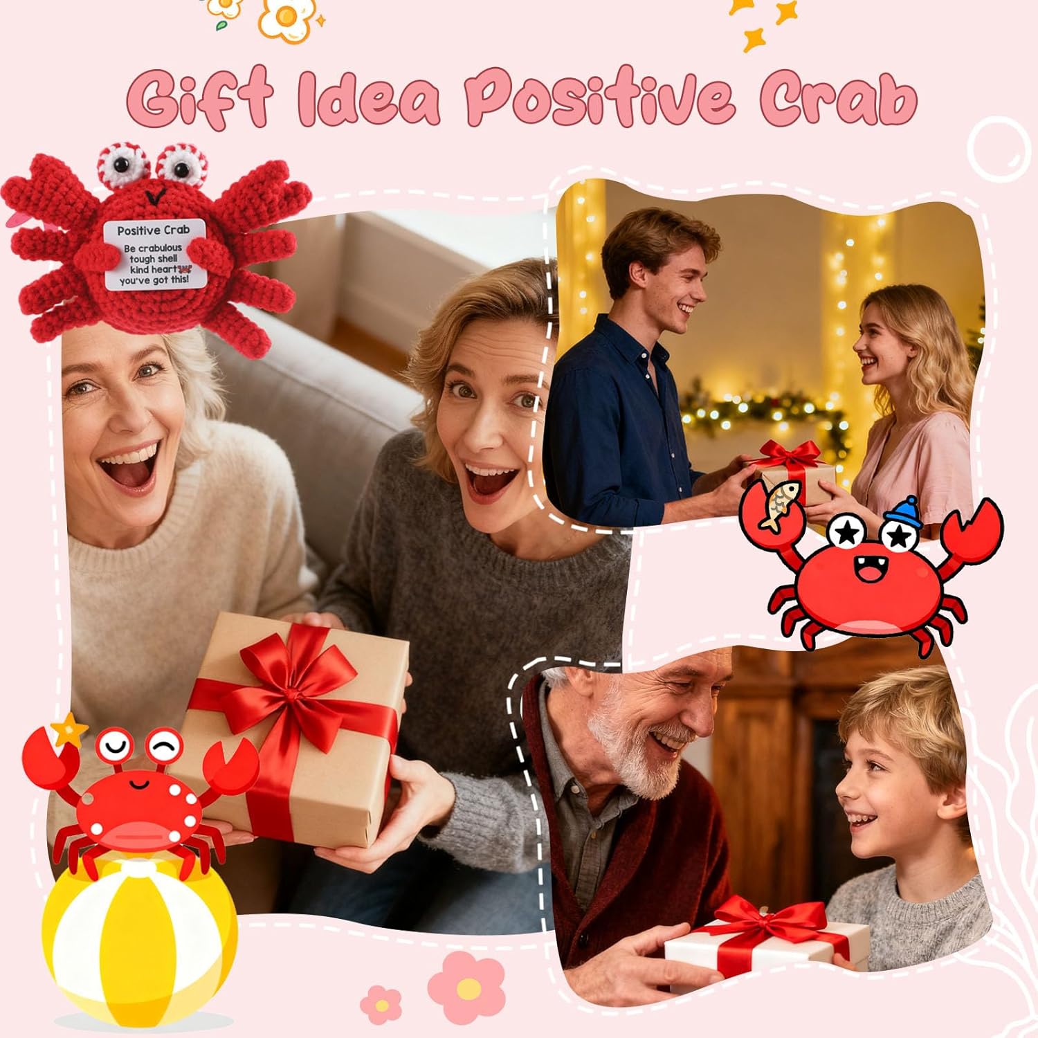 Funny Positive Crochet Crab, Cute Crochet Crabs Animal Stuff with Inspirational Card, Emotional Support Crochet Gift for Women Coworker Friends Teacher Birthday Housewarming Decor - Image 6