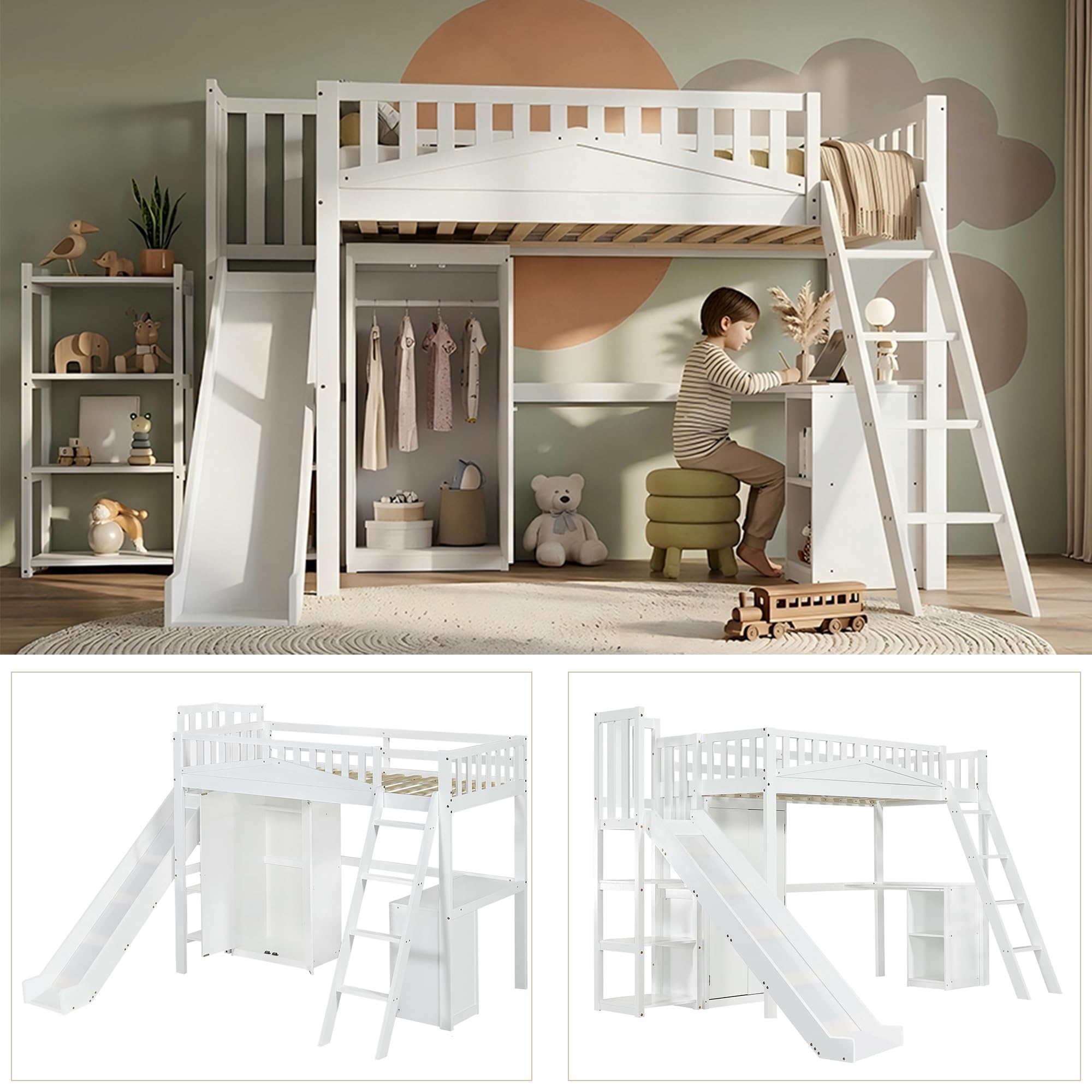 Kinderbett Etagenbett 90x200, Hochbett Hausbett mit Rutsche,Leiter,Kleiderschrank,Schreibtisch,Regale, Einzelbett Holzbett Spielbett Jugendbett mit Lattenrost&Rausfallschutz, Kiefer,Ohne Matratze,