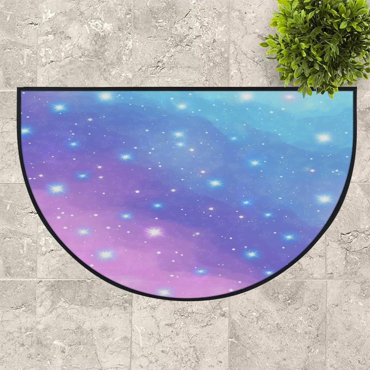 Mexpekil Paillasson demi-lune bleu et violet, motif galaxie, pour intérieur et extérieur, antidérapant, lavable, absorbant, anti-saleté, 100 x 160 cm