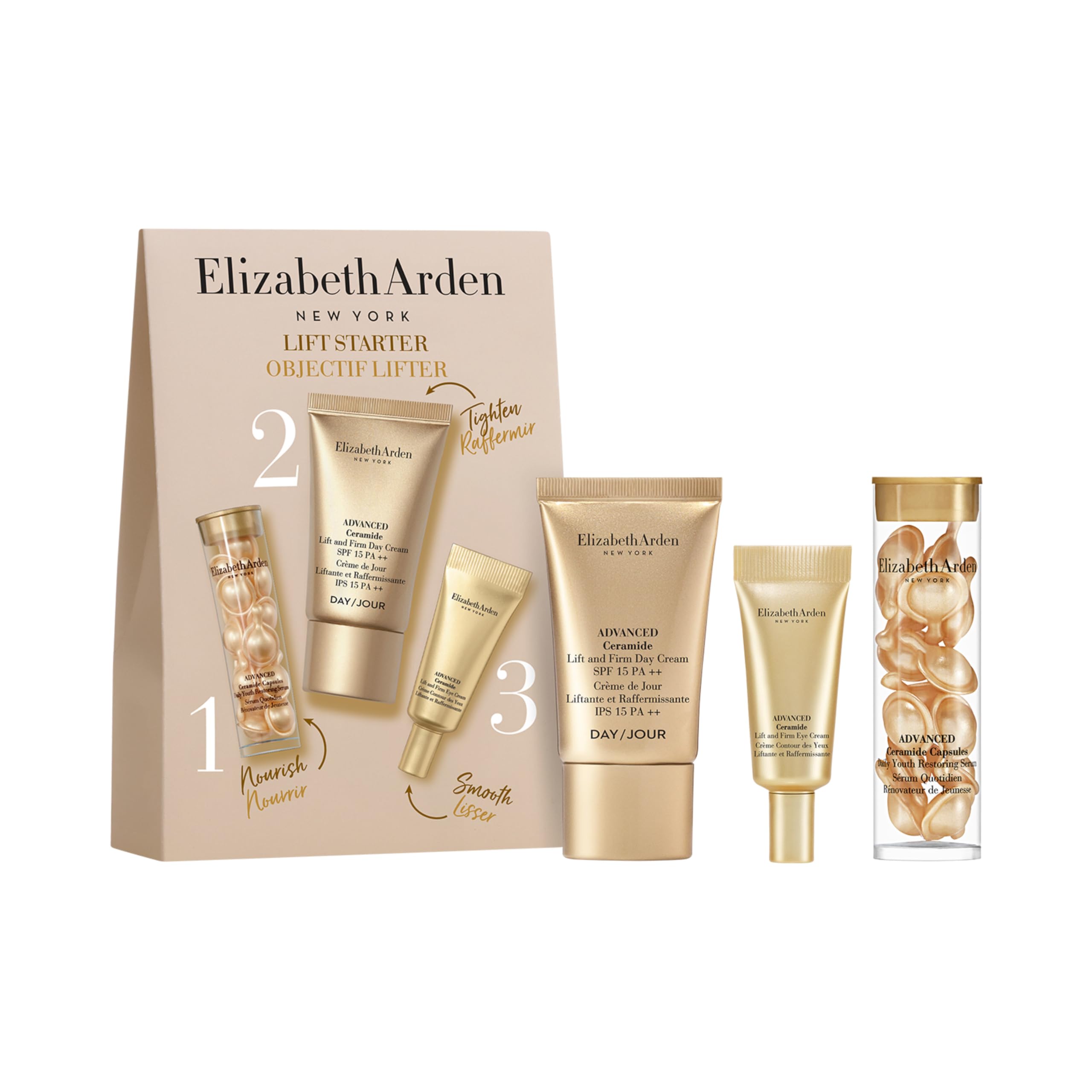 Elizabeth Arden - Lift Starter 3-Piece Set, Advanced Ceramide Capsules Daily Youth Restoring Serum, Advanced Ceramide Lift and Firm Tagescreme SPF 15 und Augencreme, Reisefreundliches Hautpflege Set