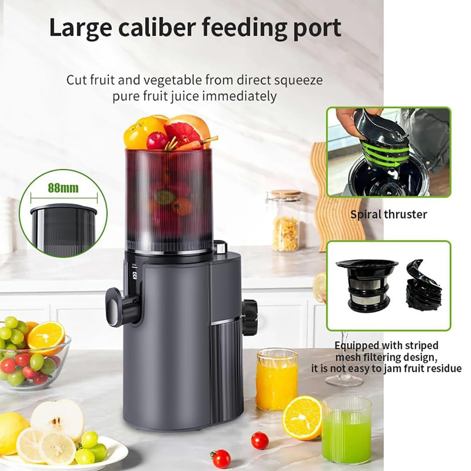 Máquina Eléctrica de Zumo de Naranja, Exprimidor Masticador de 350W | 45 Rpm, Baja Velocidad, Alto Rendimiento de Jugo, Canal de Alimentación Ancho, Función Inversa(black)