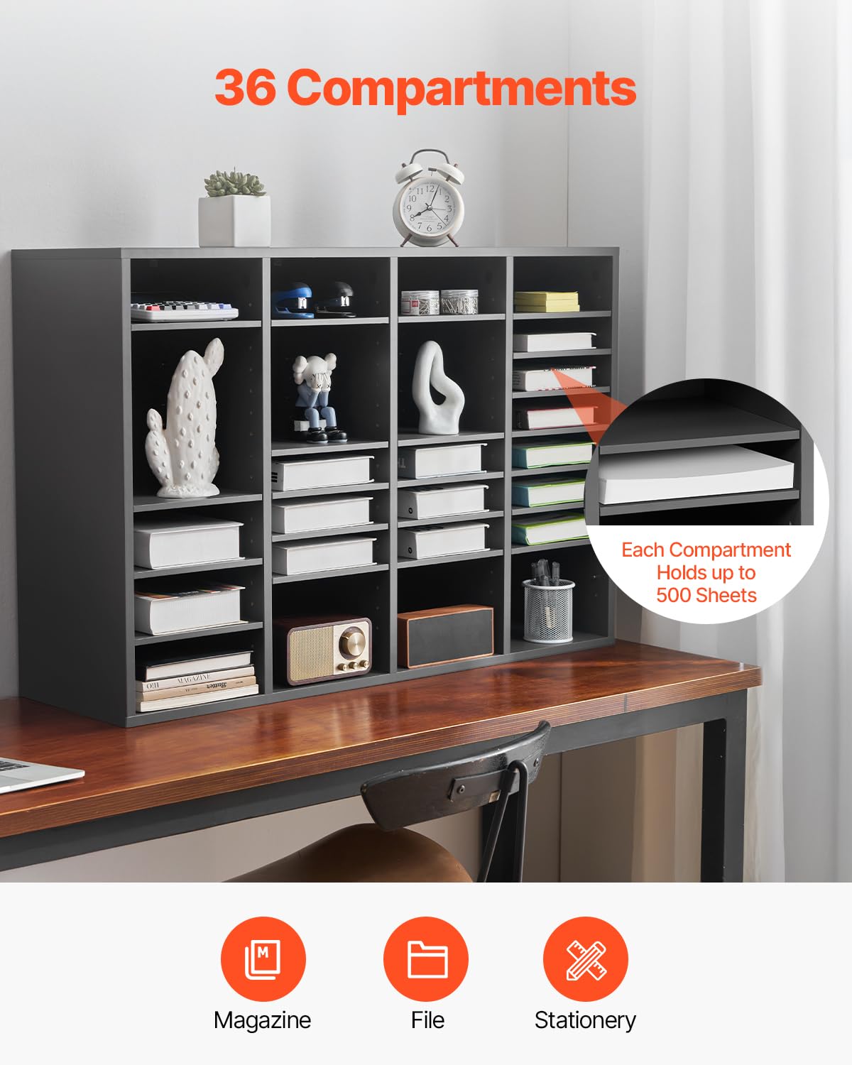VEVOR Organizador de Literatura 997 x 305 x 680 mm, Clasificador de Madera de Oficina de 36 Compartimentos con Estantes Ajustables, para Almacenamiento para Archivos, Documentos, Papeles, Gris