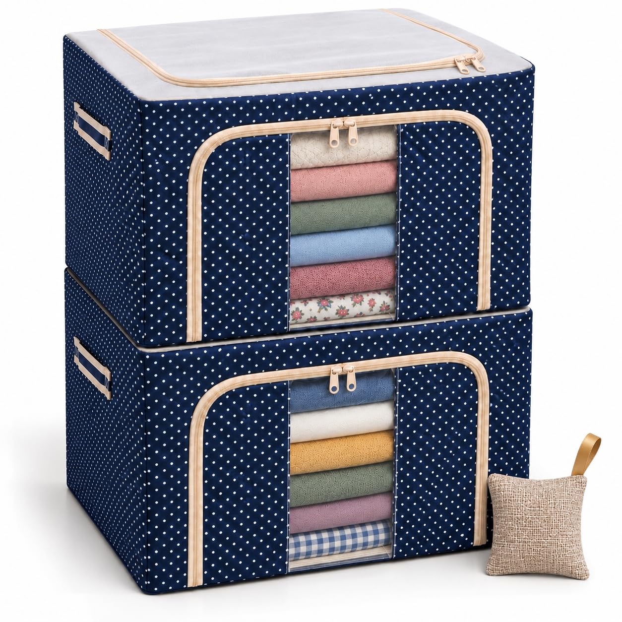 66l foldable storage box 2 pc clothes organizer with clear window | large capacity, zipper closure, easy storage, wardrobe organization, stitched side handles
