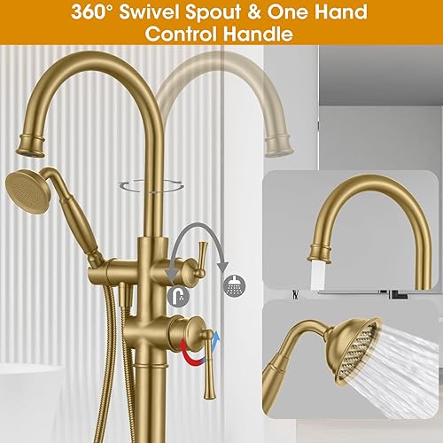 Miniatura 7 de B2311-BK Grifo de bañera romano independiente con grifo de ducha giratorio de cuello de cisne antiguo, grifo mezclador de ducha - Llenador de bañera