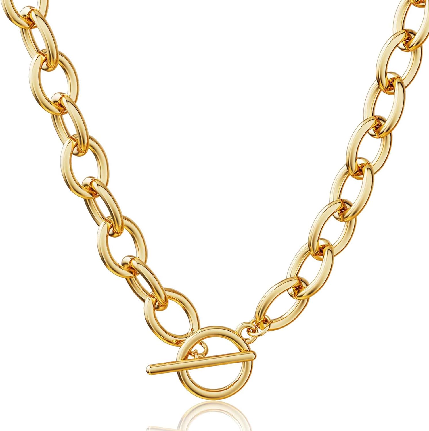 CHESKY 14K Gold Plated Chunky Necklace for Women, Trendy Paperclip Chain Necklace Thick Cross Heart Pendant Necklace Layered Herringbone Cuban Link Chain Toggle Necklaces Non Tarnish Jewelry