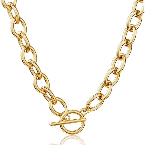 CHESKY 14K Gold Plated Chunky Necklace for Women, Trendy Paperclip Chain Necklace Thick Cross Heart Pendant Necklace Layered Herringbone Cuban Link Chain Toggle Necklaces Non Tarnish Jewelry