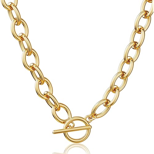 CHESKY 14K Gold Plated Chunky Necklace for Women, Trendy Paperclip Chain Necklace Thick Cross Heart Pendant Necklace Layered Herringbone Cuban Link Chain Toggle Necklaces Non Tarnish Jewelry