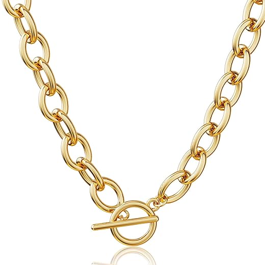 CHESKY 14K Gold Plated Chunky Necklace for Women, Trendy Paperclip Chain Necklace Thick Cross Heart Pendant Necklace Layered Herringbone Cuban Link Chain Toggle Necklaces Non Tarnish Jewelry