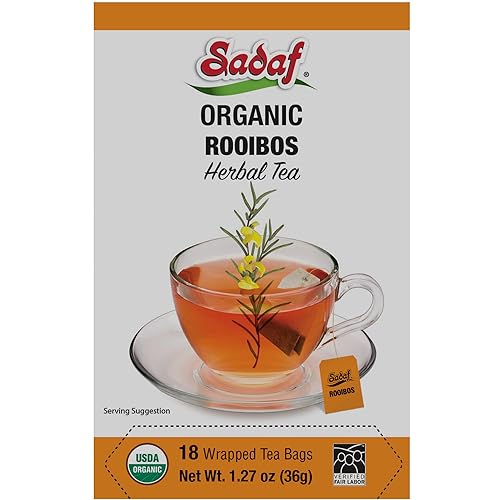 Sadaf Té Rooibos orgánico - Bolsas de té Rooibos - Té de hierbas sin cafeína y antioxidante - Halal - Kosher - 18 bolsas de té envueltas