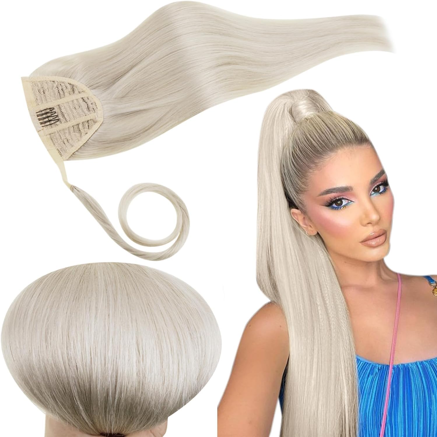 RUNATURE Ponytail Extension Human Hair Exensions Ponytail Blonde Human Hair Ponytail Extension 22Inch Real Hair White Blonde 80 Gram #800