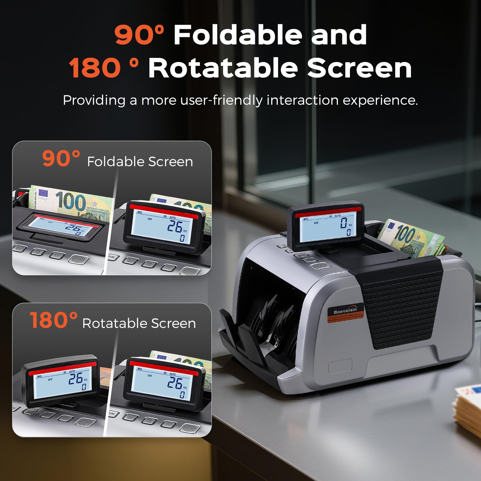 Bonvoisin Conta Banconote, Conteggio di Valore per Banconote Ordinate, Macchina Conta Soldi con Rilevamento di Contraffazione UV/MG/IR, 1000 Pezzi/Min Contabanconote con Display Pieghevole e Ruotabile