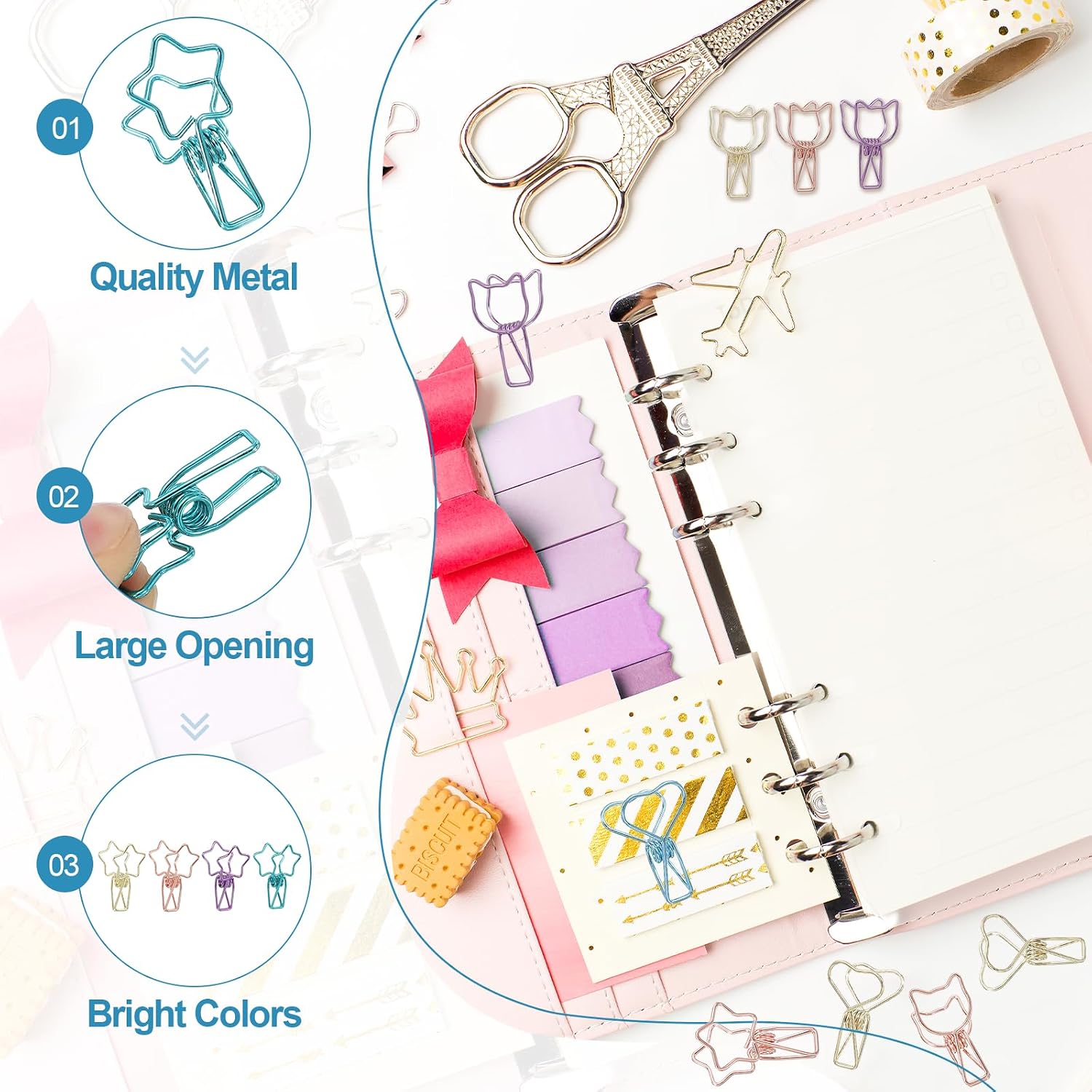 PATIKIL 30Pcs Paper Office Binder Clip, 1.2" Small Metal Wire Hollow Out Paper Clamps Pentagram Design Long Tail Binder Clips for Photo Clothes Hanging Office Home Food Package, Purple image 3