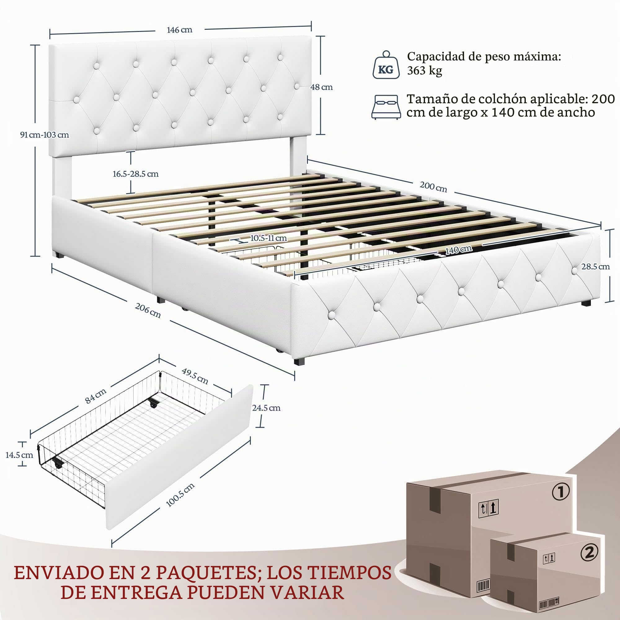 Yaheetech Cama Tapizada de Piel Tirón Botón Cama Acolchada Almacenaje 140 x 200 cm Blanco