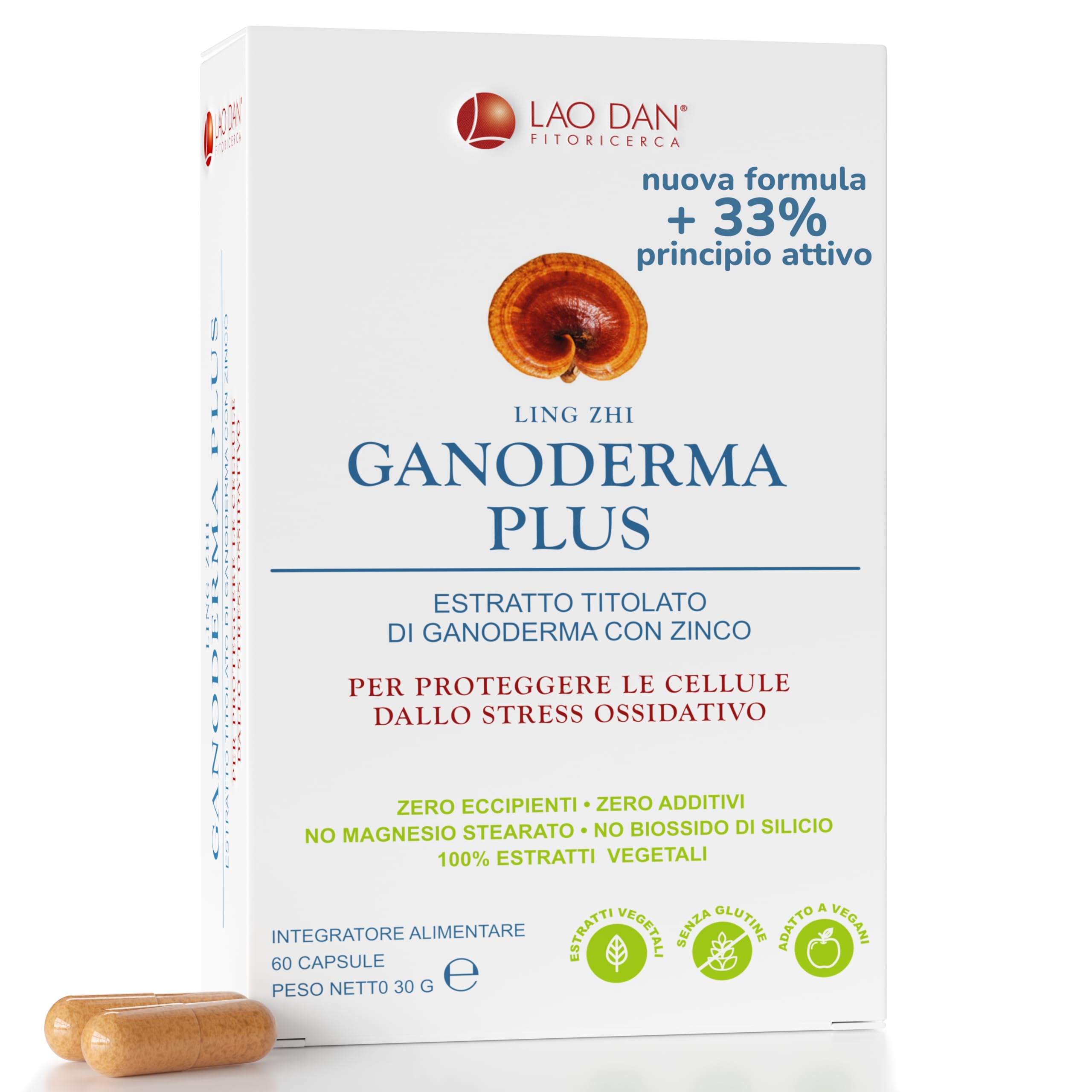 Nuovo GANODERMA PLUS - REISHI da Fitoricerca Lao Dan® Nuova formula 60 Cps 100% Naturale Zero Additivi +33% di Estratto Premium Quality 400mg Massima titolazione 50% polisaccaridi Made in Italy