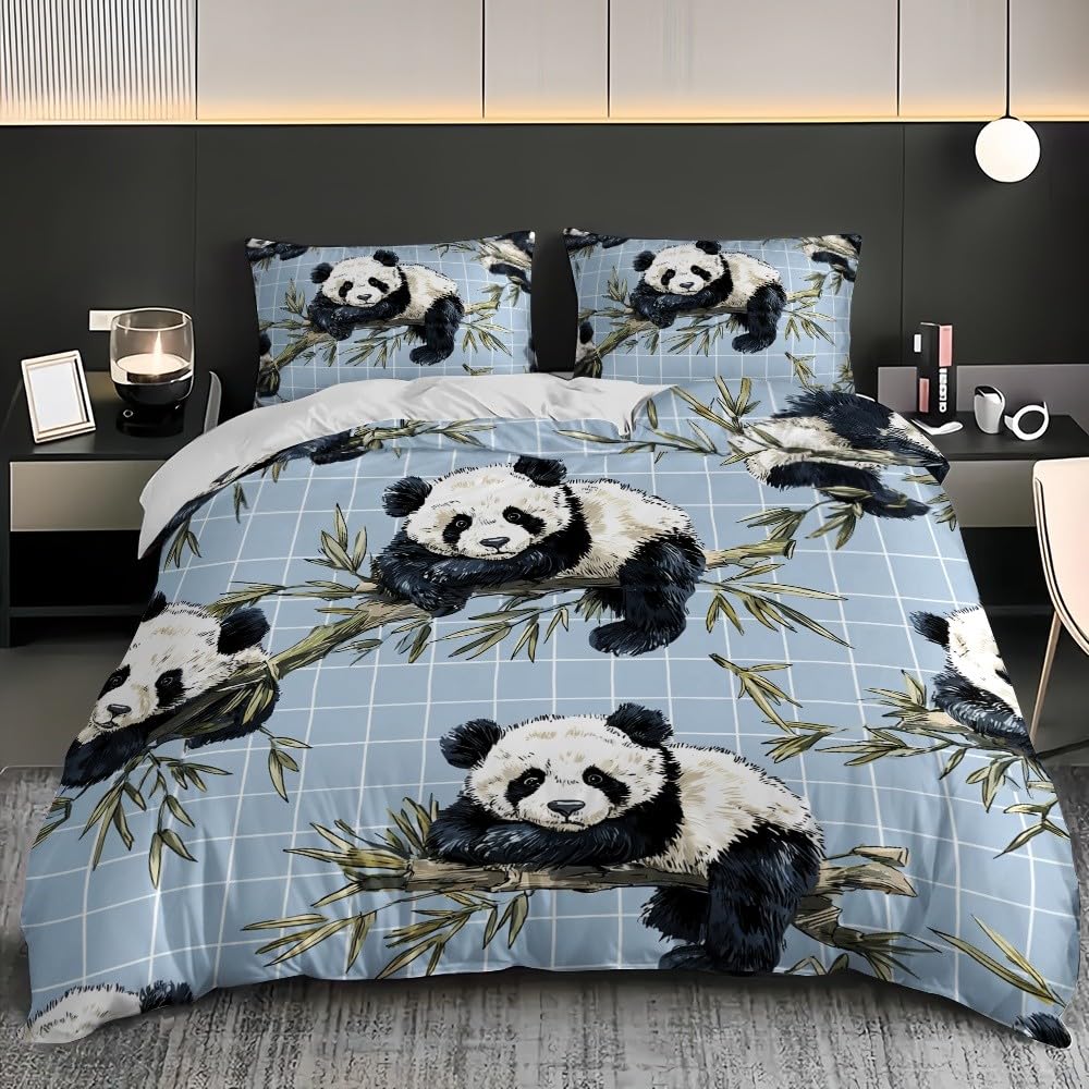 Kreskówka Panda 3-częściowy komplet pościeli z mikrofibry niebieski komplet pościeli poszwa na kołdrę 140 x 200 cm i 2 poszewki na poduszki 65 x 65 cm