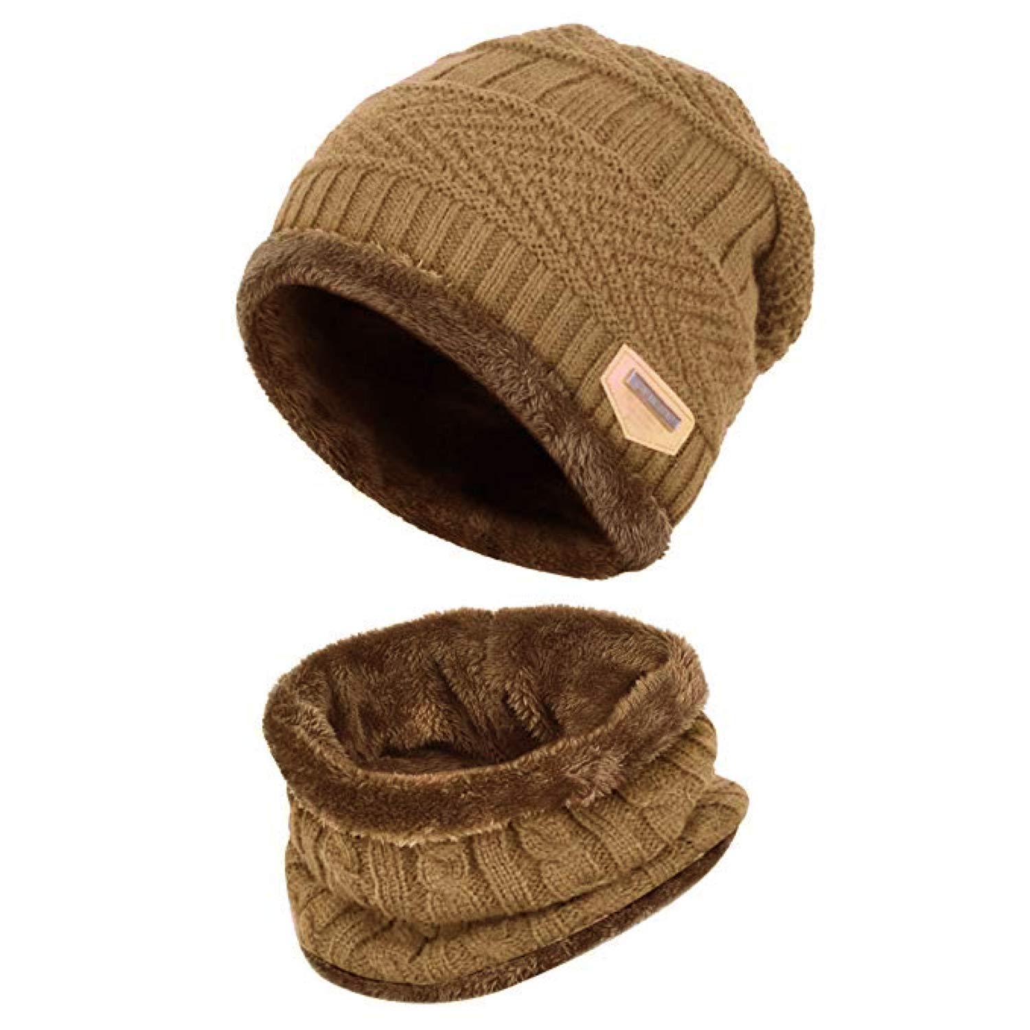 Unisex Men Women Knitted Fleece Beanie Hat and Circle Scarf Snood Set Warm Soft and Comfortable (Camel)