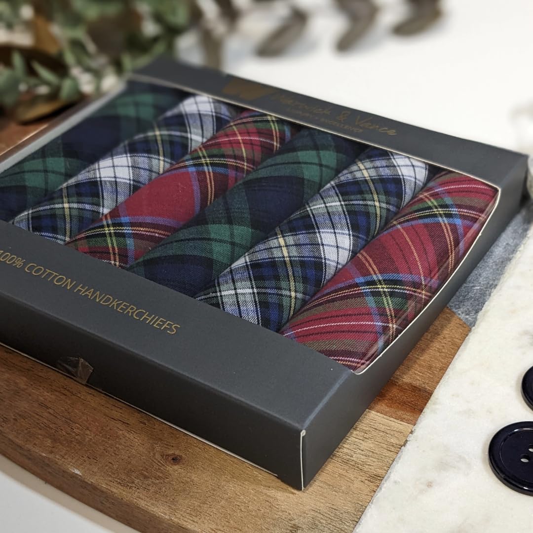 Boîte 6 Mouchoirs Poche Homme 100% Coton Écossais Tartan Multicolore - Lavables Réutilisables 40x40 Cm