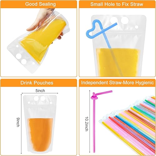 Miniatura 7 de Ozera 100 bolsas de jugo reutilizables para adultos, bolsas de plástico resistentes para batidos con 100 popotes embudo para bebidas frías y