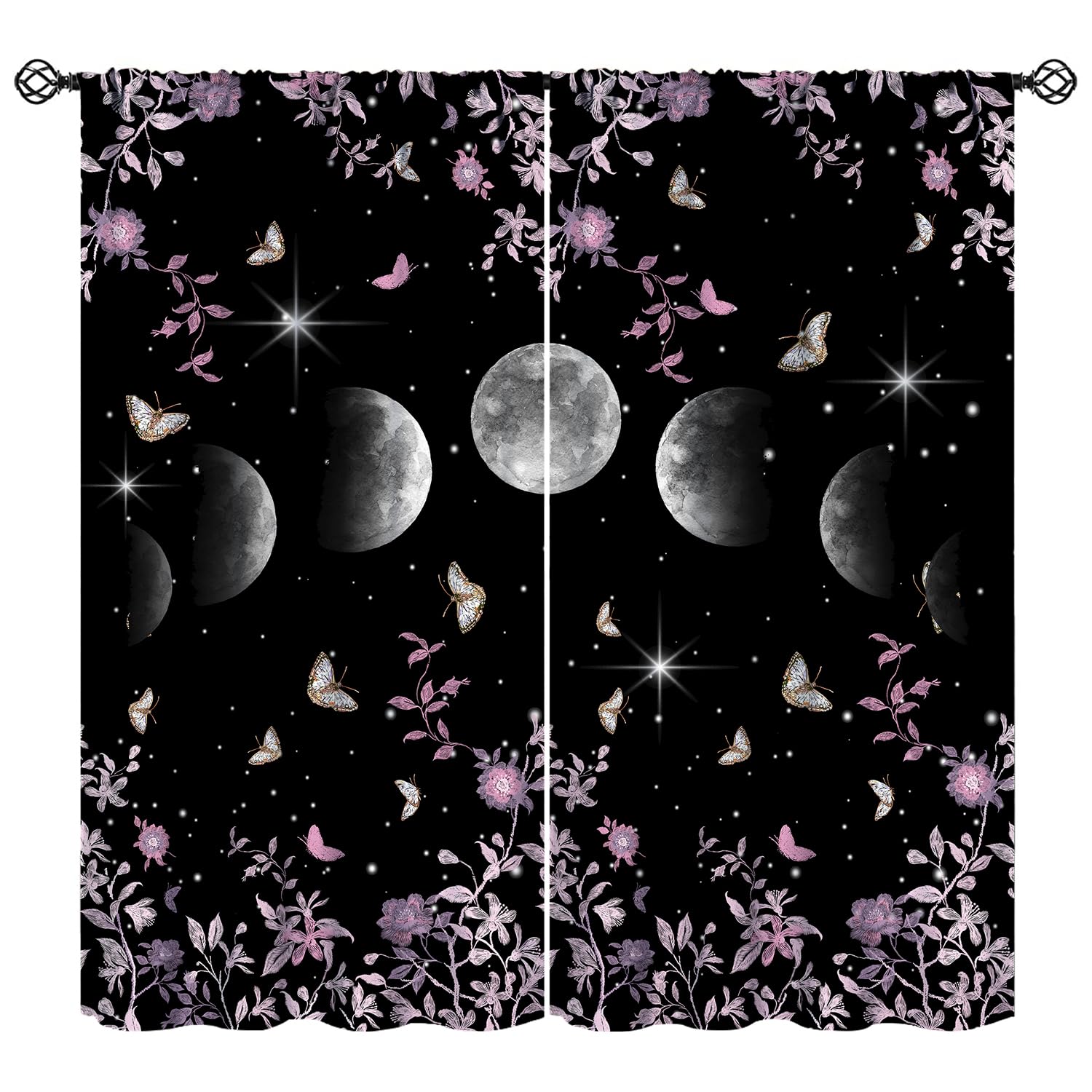JanJCurt Moon Phase Moonlit Curtains, Gothic Witchy Pink Wild Roses Butterfly Vines Bohemian Moonlit Mysticism Design Window Curtains for Living Room