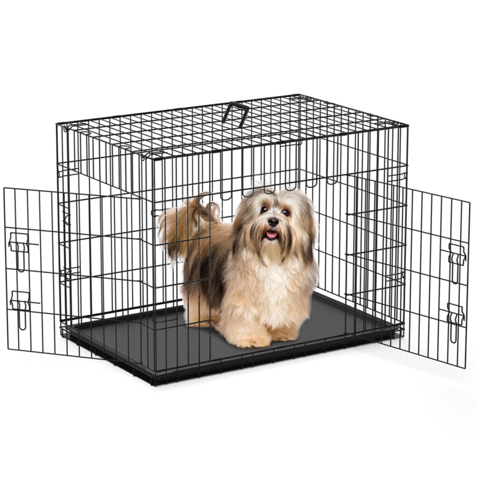 Nobleza Dog Crate Cage, 24in Folding Metal Puppy Small Dogs Cage with 2 Doors, Durable Pet Dog Car Crate with Carrier Handle, Chew Resistant Plastic Base Tray for Puppy Training, Black