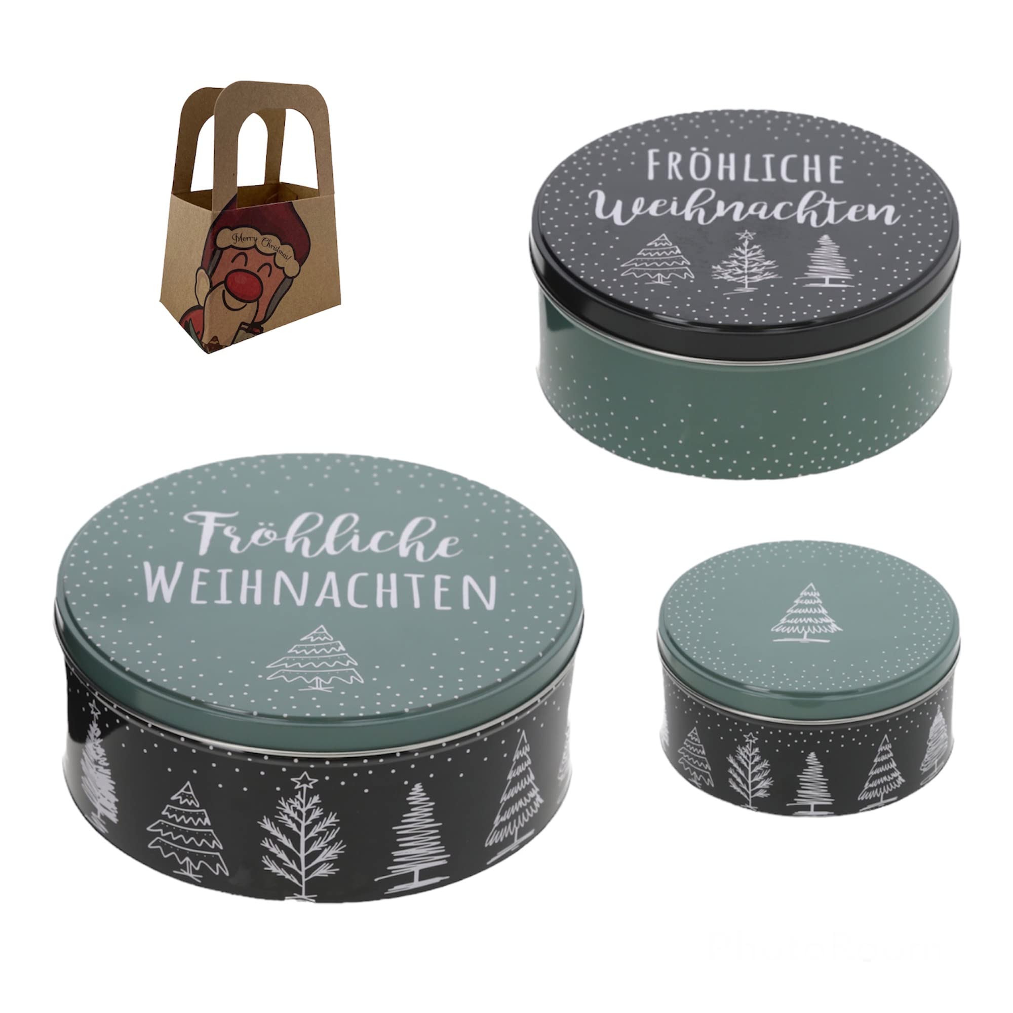 Geschenkset Keksdose Plätzchendose Metalldose 3er Set "Fröhliche Weihnachten" Weihnachten mit süßer Rentier Mini-Geschenktasche
