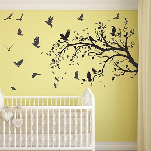MEFOSS Pegatinas de pared de rama de árbol negro diseño de pájaros voladores decoración del hogar sala de juegos aula oficina guardería decoración