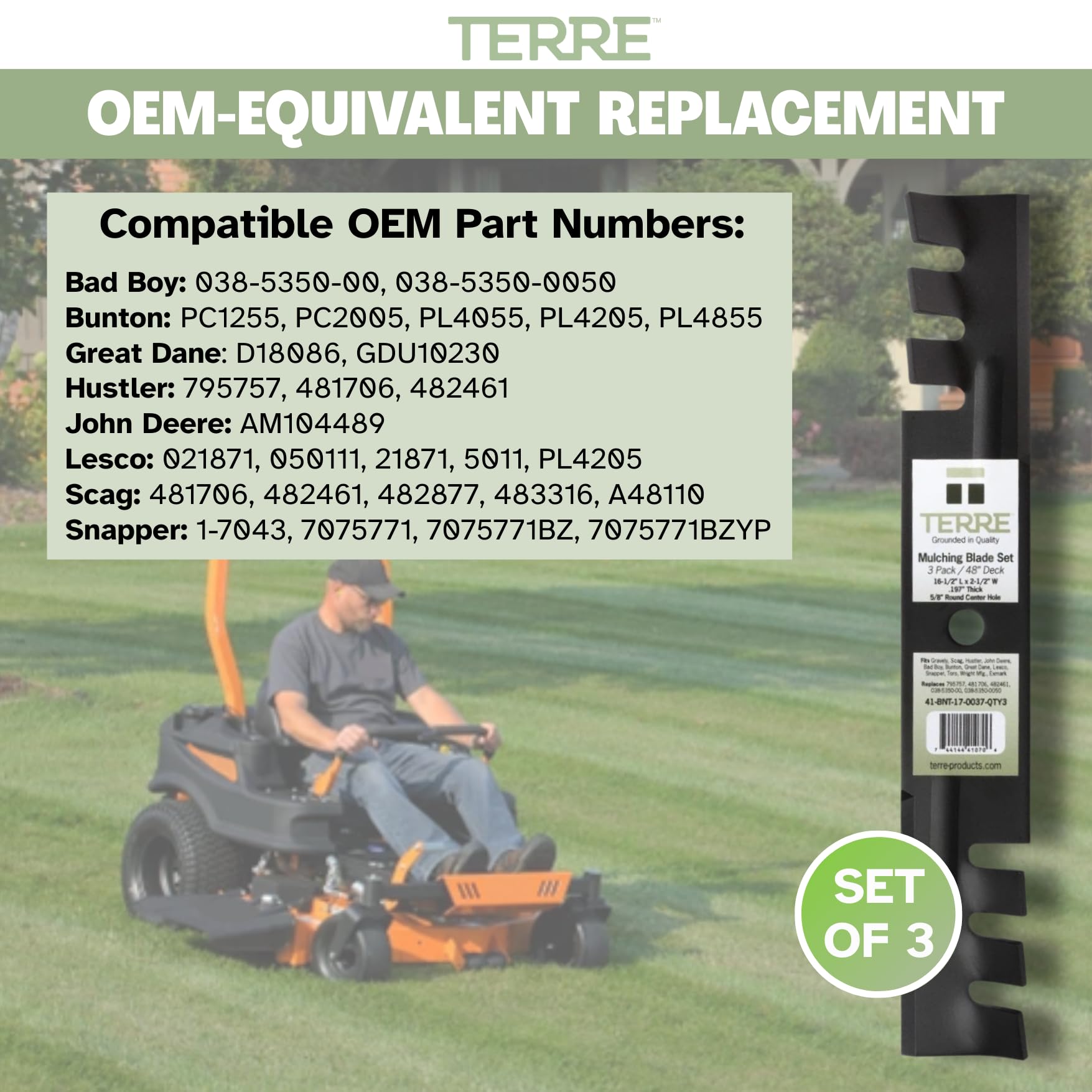 Terre Products - Paquete de 3 Cuchillas para cortacésped, Cubierta de 48 Pulgadas, Compatible con Gravely, Scag, Hustler, John Deere, Repuesto para 795757, 481706, 482461