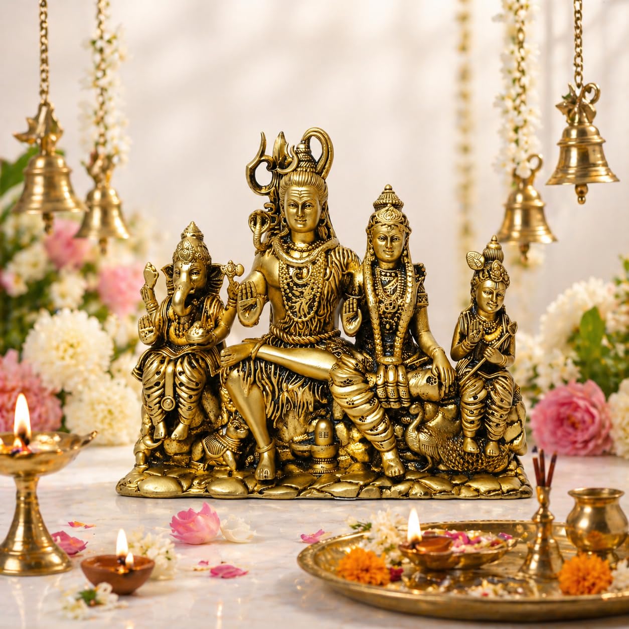 SOS Shiv Parivar Brass Idol 4.25 Inch | Lord Shiva Parvati Ganesha Kartikeya Murti for Home Temple | Premium Gold Finish Hindu God Statue for Pooja Room, Diwali Gift, Vastu Decor (Shiv-Parivar)-picture-19