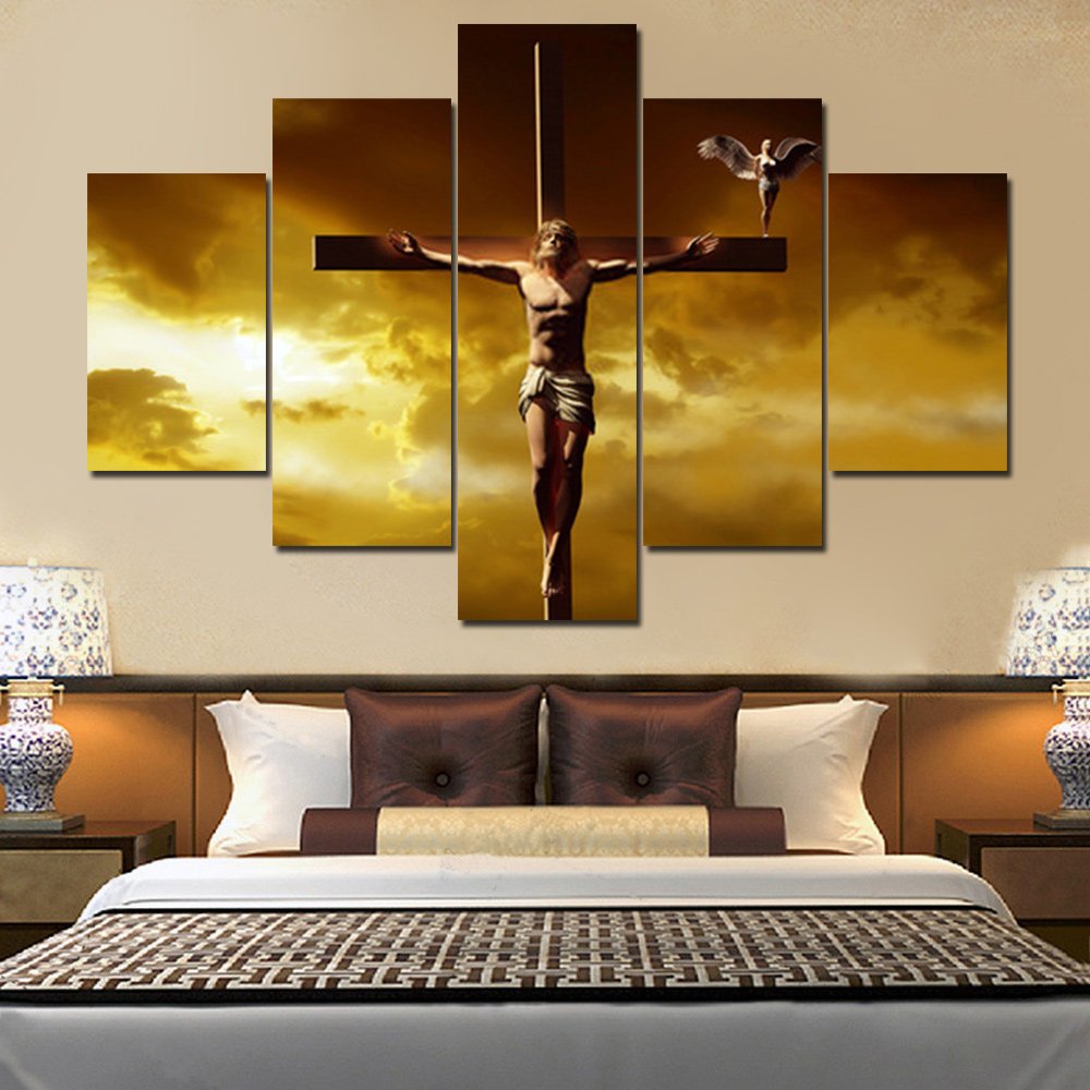 Extra Large 5 Piece Canvas Wall Art Jesus Crucifixion on Crosses HD Prints Painting Christian Religious Pictures for Living RoomHome DecorArtwork Framed Giclee Stretched Ready to Hang(60''Wx40''H)