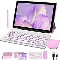 NOVOJOY Tablet 2 em 1, Android 14 de 10 Polegadas, 64 GB ROM + 8 GB RAM, Câmera Dupla 2 MP + 8 MP, Processador Quad Core, Bateria 6000 mAh, Rosa