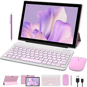NOVOJOY Tablet 2 em 1, Android 14 de 10 Polegadas, 64 GB ROM + 8 GB RAM, Câmera Dupla 2 MP + 8 MP, Processador Quad Core, Bateria 6000 mAh, Rosa