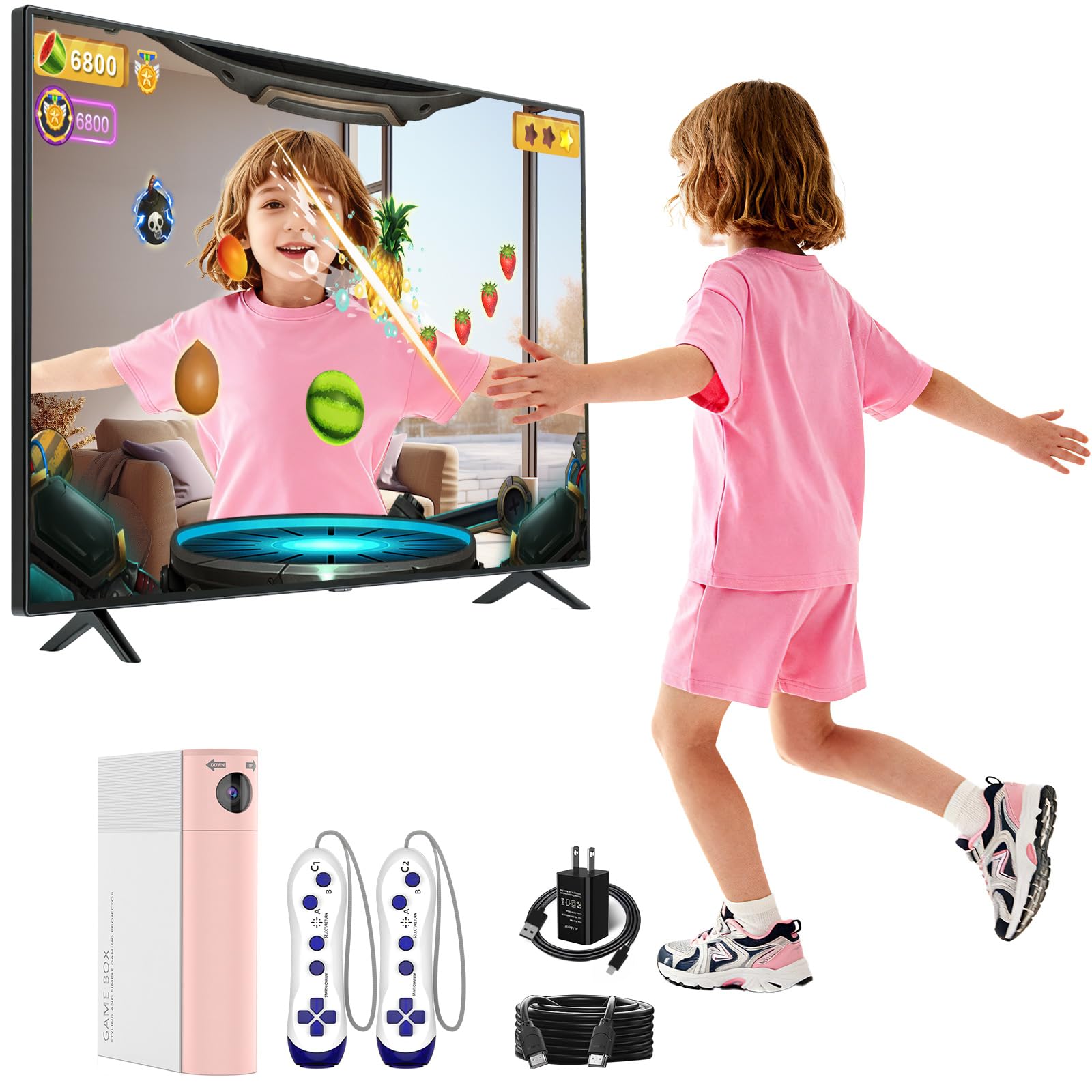 Photo 1 of Motion Gaming Console with 28 Games, 2 Wireless Controllers, –Interactive Indoor Play Family Fun (Light Pink)