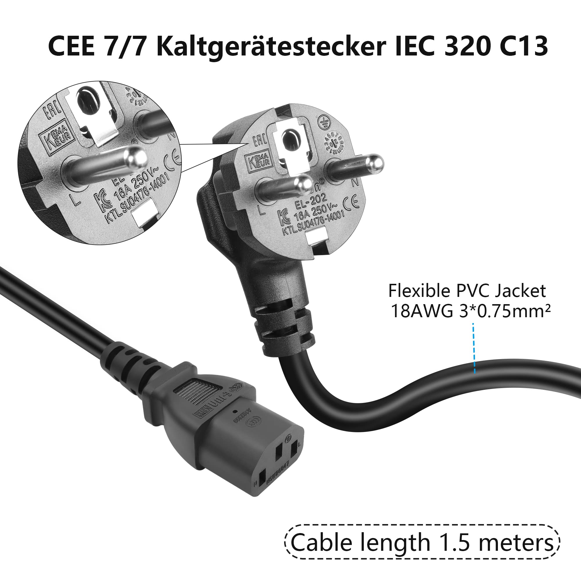 InLine® power cable, CEE 7/7 angled / 3pin IEC C13 male, white, 1.8m