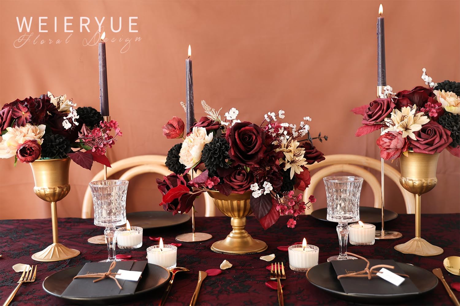 Artificial Flower Box Set Silk Fake Flowers DIY Center Cake Decoration Wedding Bouquet Corsage Home Decor Outdoor Decor Gift (Gothic Black and Red) - Image 6